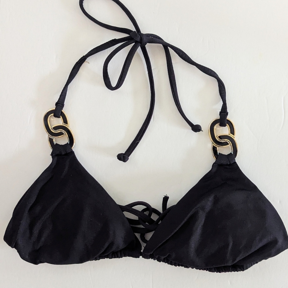 L*Space Chain Ring Strap Triangle Bikini Top Tie Back Black Gold Small S